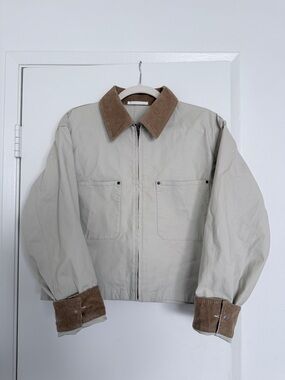 Uniqlo Beige Utility Jacket with Brown Corduroy Collar & Cuffs